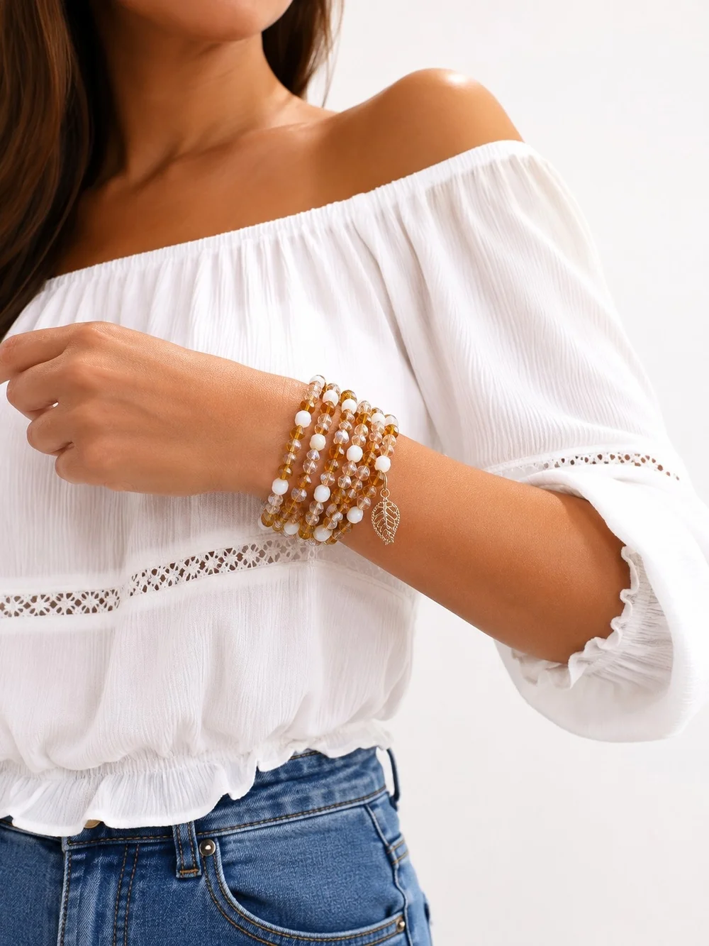 Beaded Wrap Bracelet with Leaf Charm Hand Crafted